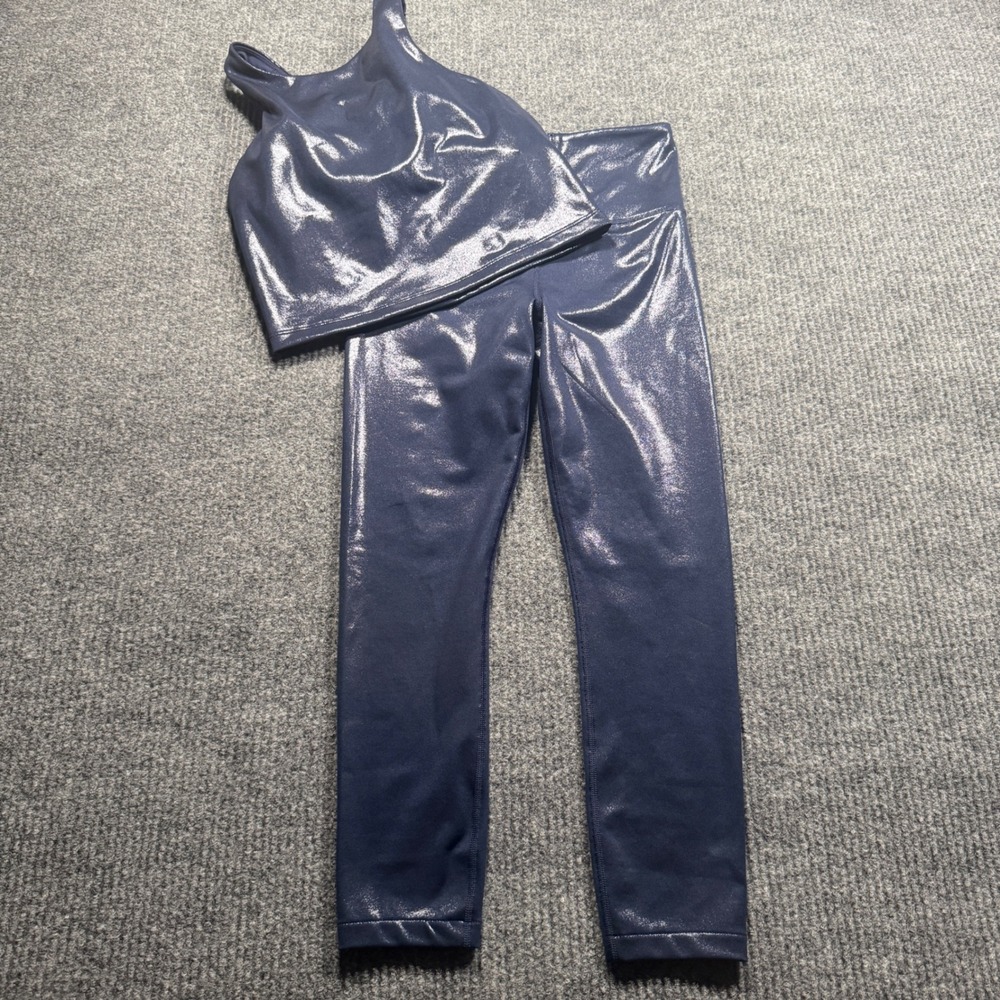 Athleta Activewear Set Womens Small Navy Blue Metallic Simone Biles Bra Leggings